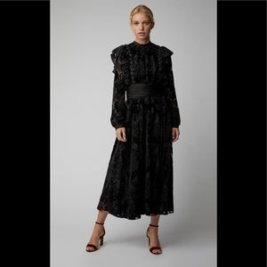 ROCHAS Ruffled Flocked Velvet Midi Black Dress 42